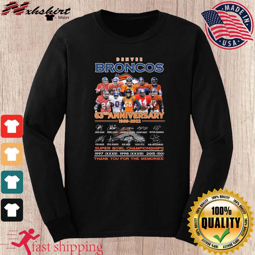 Denver Broncos 63rd anniversary 1959-2022 Super Bowl Championships thank  you for the memories signatures shirt, hoodie, sweater, long sleeve and  tank top