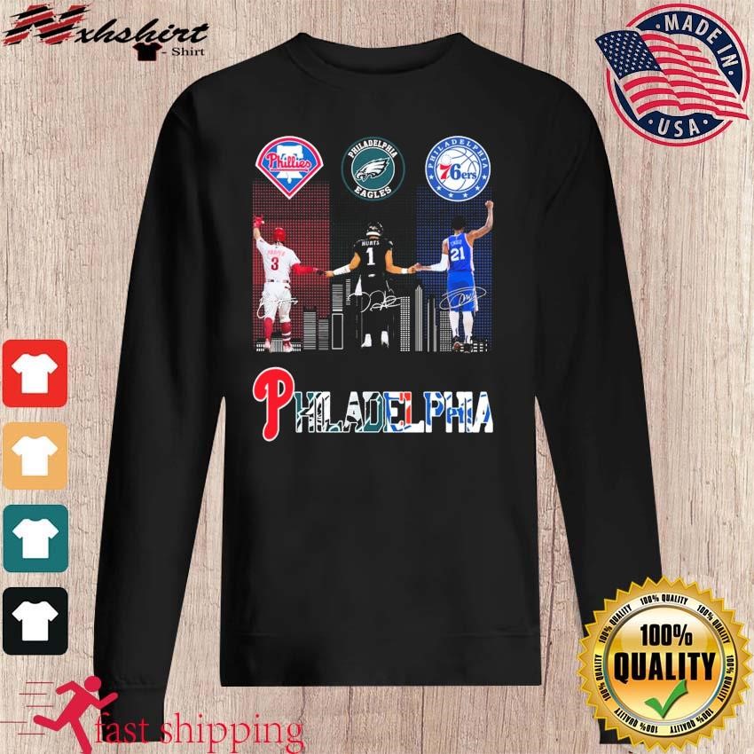 Official Philadelphia sports skyline joel embiid jalen hurts and bryce  harper signatures T-shirt, hoodie, tank top, sweater and long sleeve t-shirt