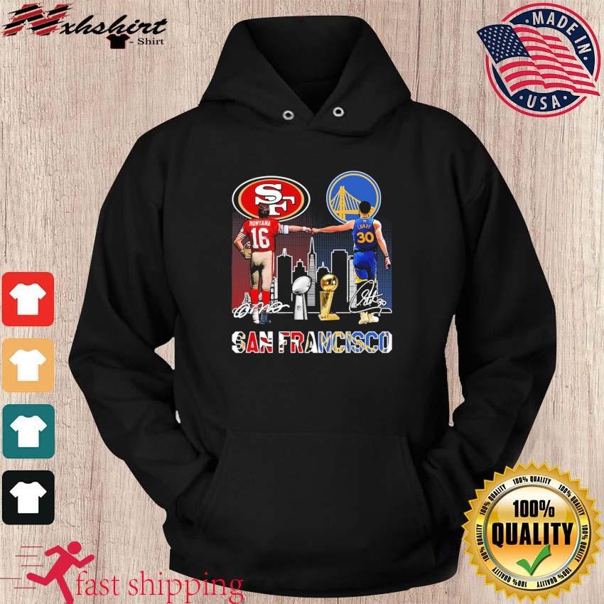 San Francisco 49ers Joe Montana and Golden State Warriors Stephen Curry  skyline signatures shirt, hoodie, longsleeve tee, sweater