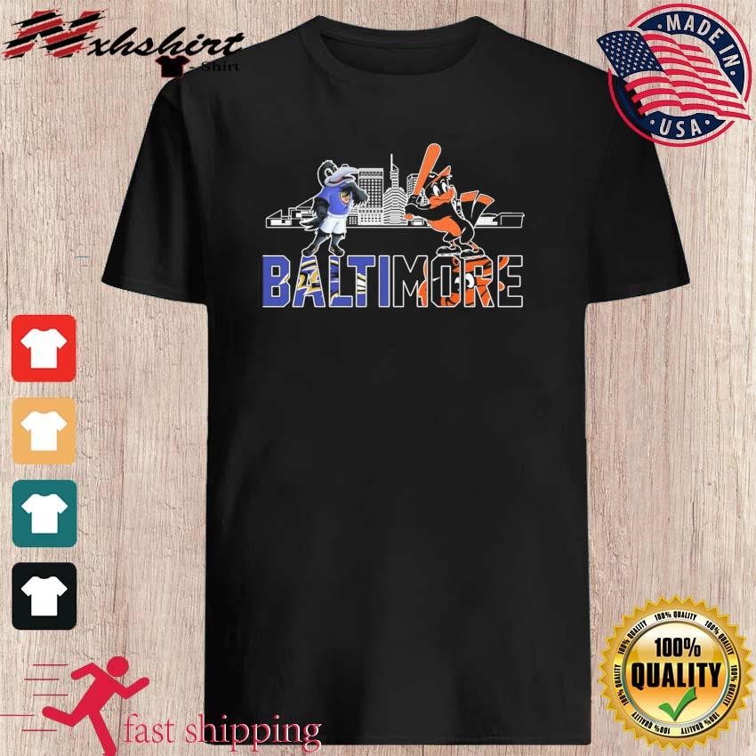 The Oriole Bird And Poe Mascots Baltimore Skyline Sports Shirt