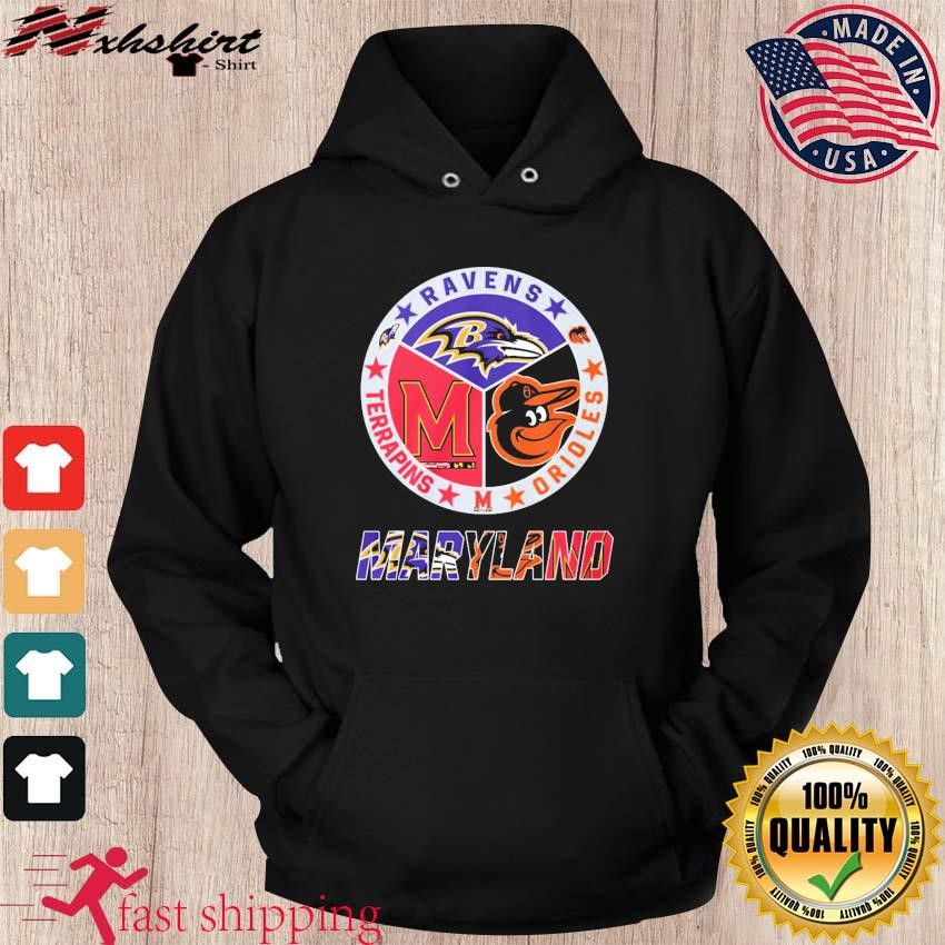 Maryland Terrapins Baltimore Ravens Baltimore Orioles logo Maryland city  skyline 2023 shirt, hoodie, sweater, long sleeve and tank top