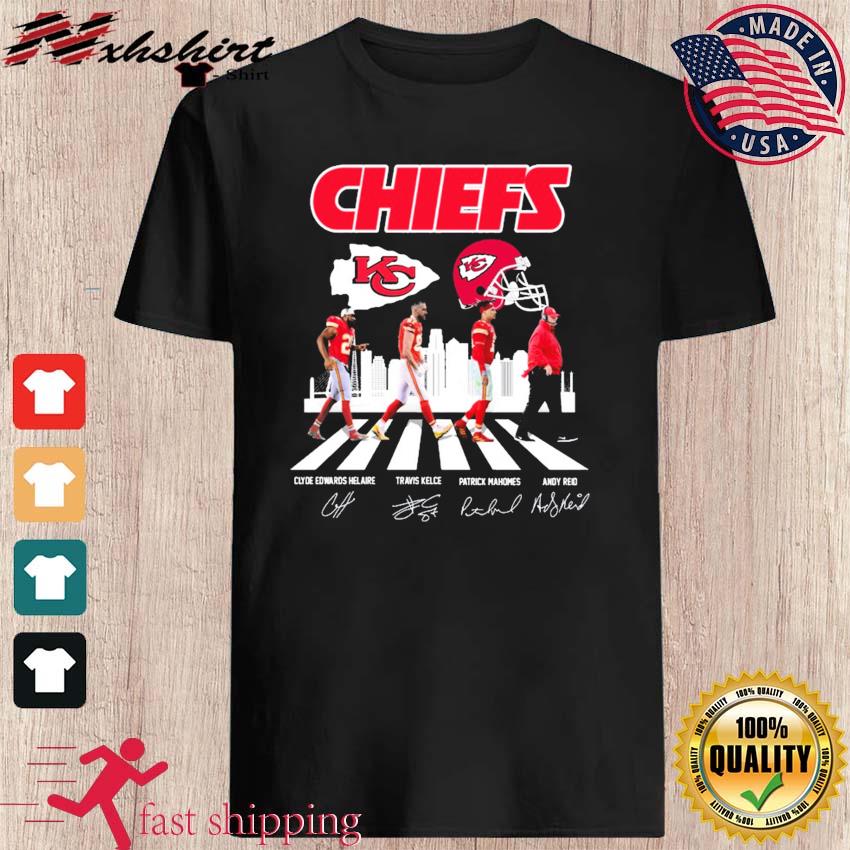 The Chiefs Patrick Mahomes Travis Kelce Clyde Edwards Helaire Andy Reid  abbey road signatures Merry Christmas shirt, hoodie, sweater, long sleeve  and tank top