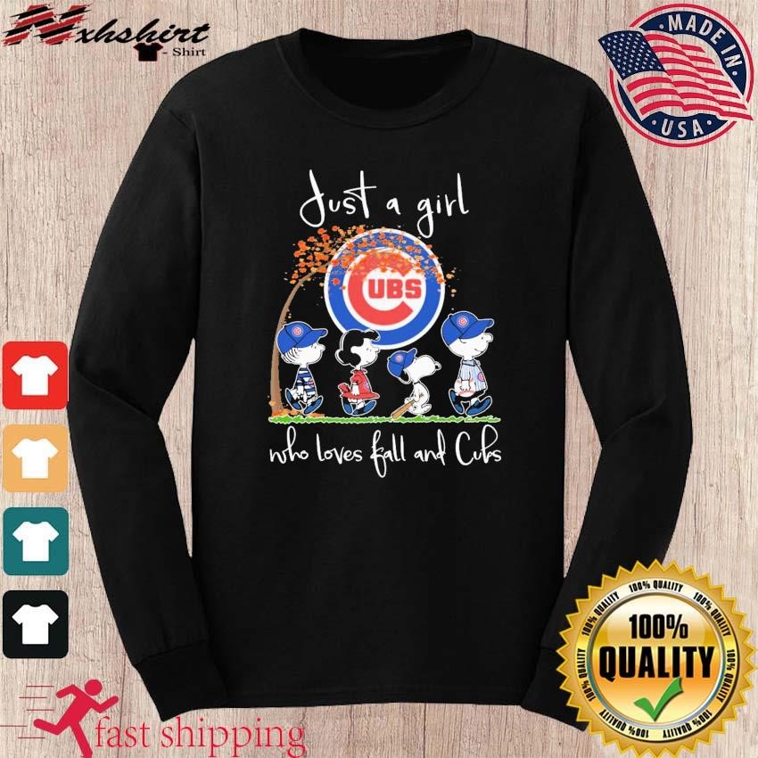 Peanuts characters just a girl who loves fall and Cubs shirt, hoodie,  sweater, long sleeve and tank top