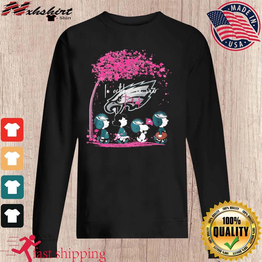 Philadelphia Eagles Peanut characters in october we wear pink 2023 t-shirt,  hoodie, sweater, long sleeve and tank top