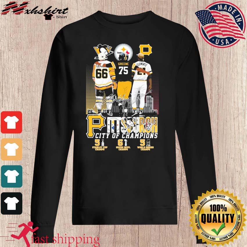 Pittsburgh Roberto Clemente Joe Greene and Mario Lemieux signatures shirt,  hoodie, sweater, long sleeve and tank top