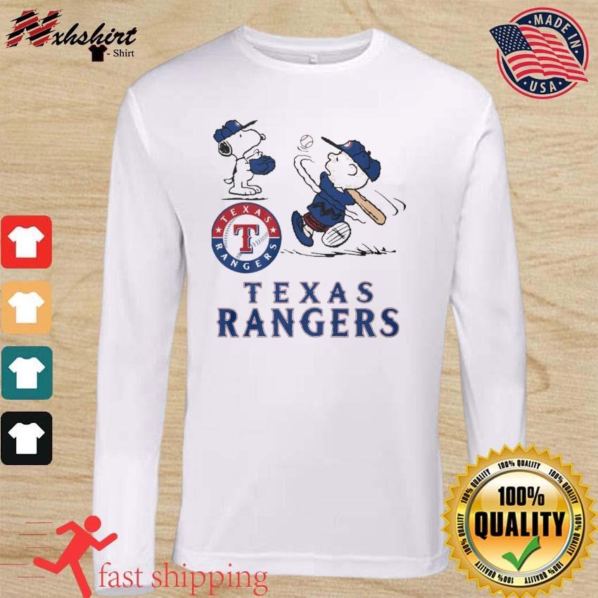 Snoopy and Charlie Brown playing baseball Texas Rangers shirt