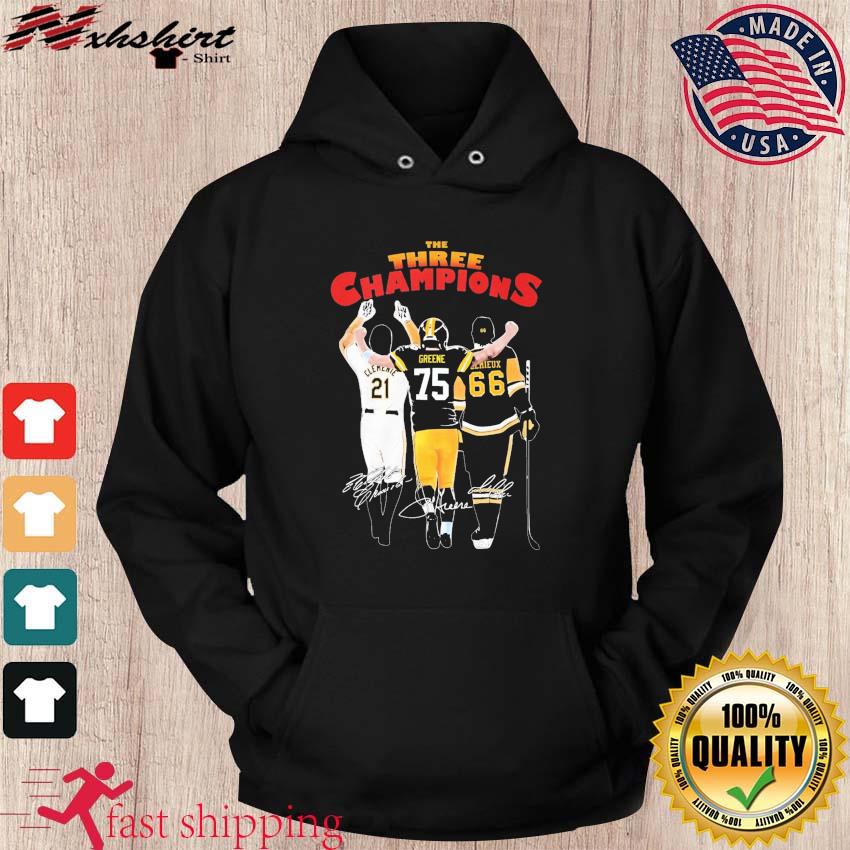 The Three Champions Roberto Clemente Joe Greene And Mario Lemieux Signature  Shirt, hoodie, sweater, long sleeve and tank top